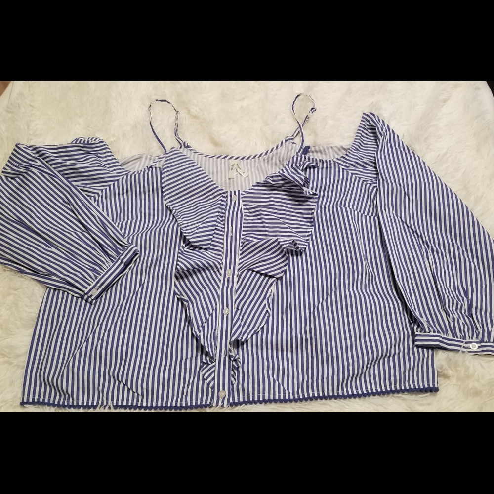 Blue & White No Shoulder Top Size 1X